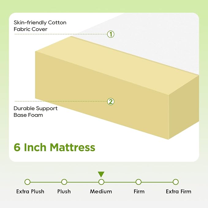 FDW 6 Inch Twin Mattress, Base Foam, Medium Firm Support, Breathable & Comfortable, Removable Washable Zipper Cover, Bed-in-a-Box,CertiPUR-US Certified