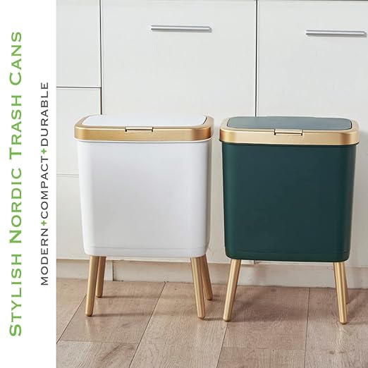 Procade Bathroom Trash Can with Lid, Plastic Garbage Can with Legs, 4 Gallon Gold Trash Bin with Push Button, Narrow White Trash Can Waste Basket for Bedroom, Living Room,Office,Dog Proof Trash Bin - Image 6