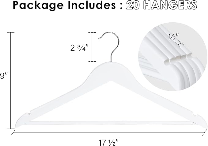 StorageWorks White Wooden Hangers 20 Pack, Heavy Duty Wood Hangers for Closet, Clothes Hangers for Coats, Bridesmaid Suits, Wedding Dress - Image 8