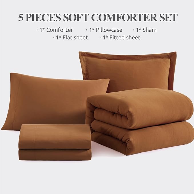 WRENSONGE Twin Comforter Set- 5 Pieces Terracotta Bed in a Bag, All Season Twin XL Bedding Sets with 1 Fitted Sheet, 1 Flat Sheet, 1 Pillow Sham and 1 Pillowcase