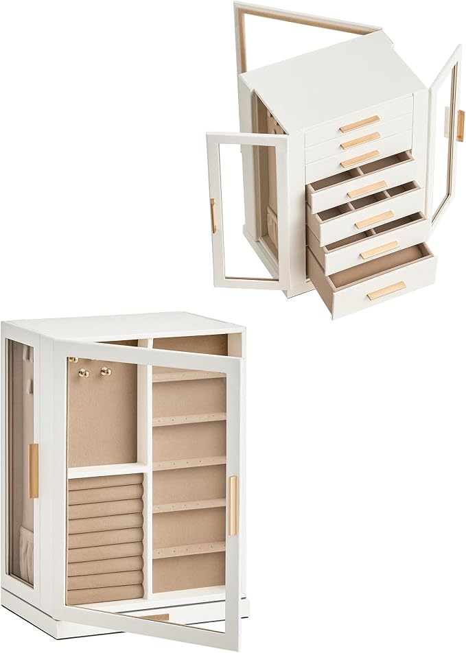 Glimmloop 360° Rotating Jewelry Box with 7 Drawers, Spacious Vertical Jewelry Organizer with Glass Window, Jewelry Storage Case, Dustproof & Moisture-resistant Design, White - Image 7