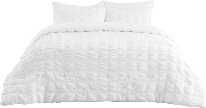 Bedsure Plaid Seersucker Comforter Sets Full Size Bed 7 Piece, Soft Lightweight White Bedding All Season Full Bed in a Bag Set with Comforters, Sheets, Pillowcases & Shams