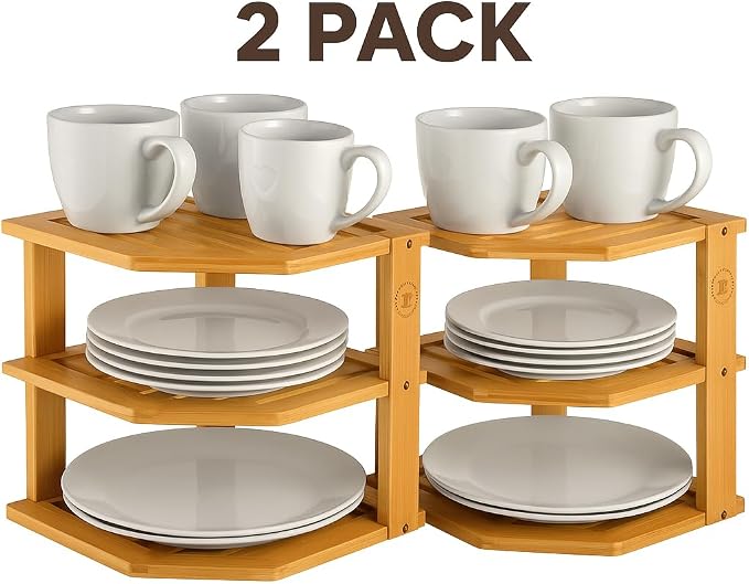 2-Pack Plate Organizer for Cabinet - Bamboo Corner Shelf for Kitchen or Bathroom Storage, Space-Saving Rack for Dishes, Countertop, Cabinet, Pantry - Organization & Housewarming Gift - Image 9