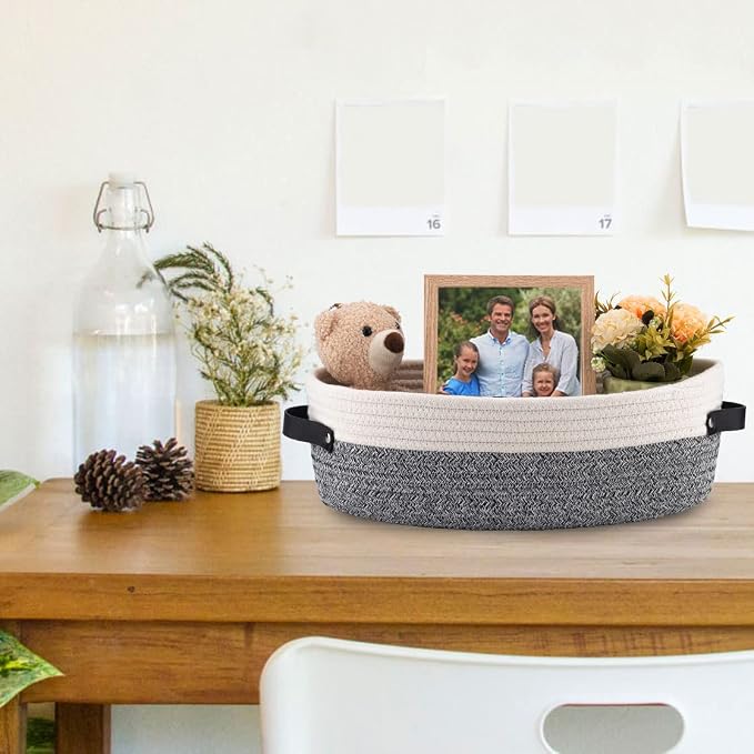 Small Cotton Rope Woven Basket Toilet Paper Baskets for Organizing Decorative Basket for Boho Decor Small Storage Basket 13"x5.9"x4" Variegated Gray&White - Image 8