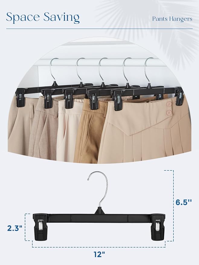 Smartor Space Saving Skirt Hangers - 150 Pack, Slim Plastic Pants and Shorts Hangers, Ridged Non-Slip with Pinch Clips, Black Clip Hanger for Women, 360-Rotating Chrome Swivel Hook, 12 Inches - Image 9