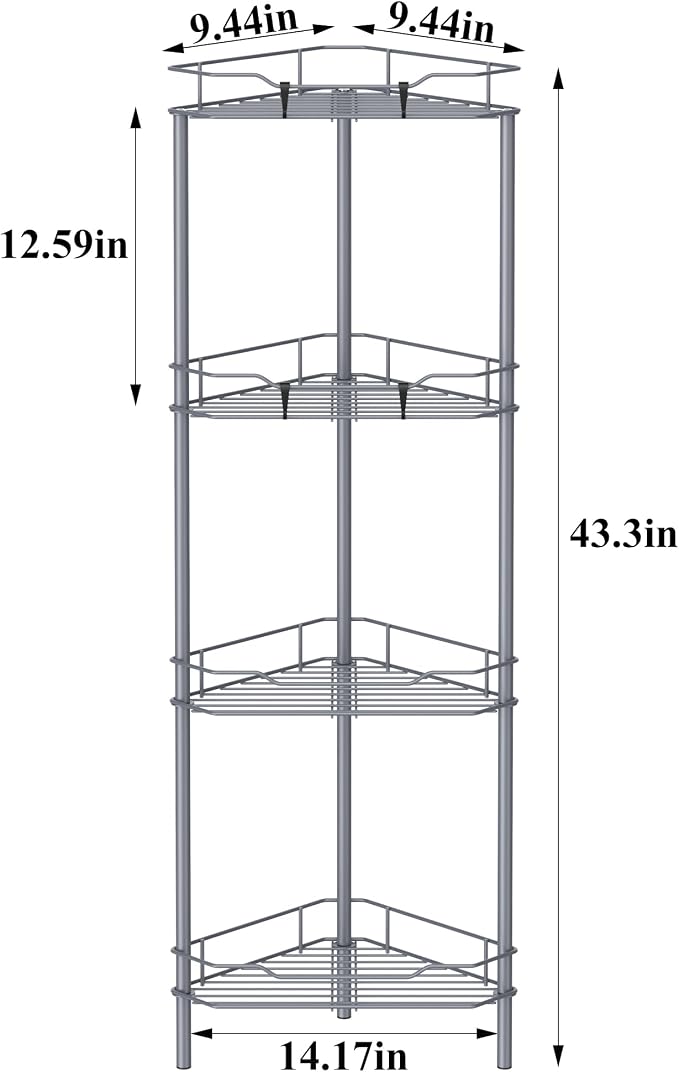 HuggieGems 4 Tier Floor Standing Corner Shower Caddy Organizer Shelf with Hooks, Bathroom Shelves Stand Rack, Dark Gray - Image 7