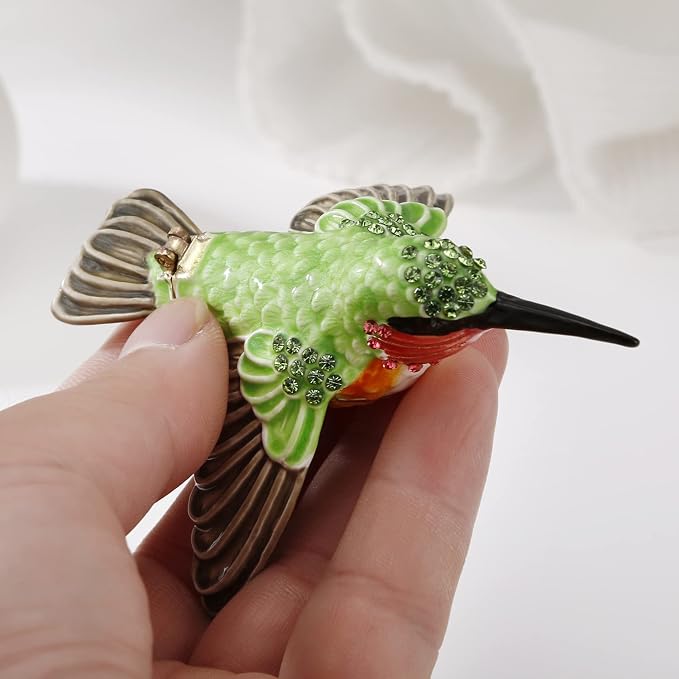 Hand Painted Enamel Hummingbird Trinket Box for Home Decor, Hinged Jewelry Organizer for Ring Earrings, Unique Figurine Keepsake Collectible Personalized Handmade Ornament Gifts (Green Hummingbird-1) - Image 6