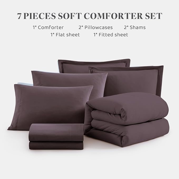 WRENSONGE Oversize King Size Comforter Set- 7 Pieces Artic Plum Bed in a Bag Oversize King Size Comforter with Fitted Sheet, Flat Sheet, 2 Pillow Shams, 2 Pillowcases, Warm Bedding Sets for All Season