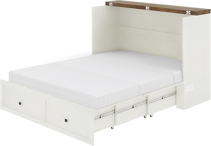 LUXOAK Full Murphy Bed with 6" Tri-Fold Memory Foam Mattress, Storage Drawer & Charging Station, Space-Saving Design for Home Office or Guest Room, White