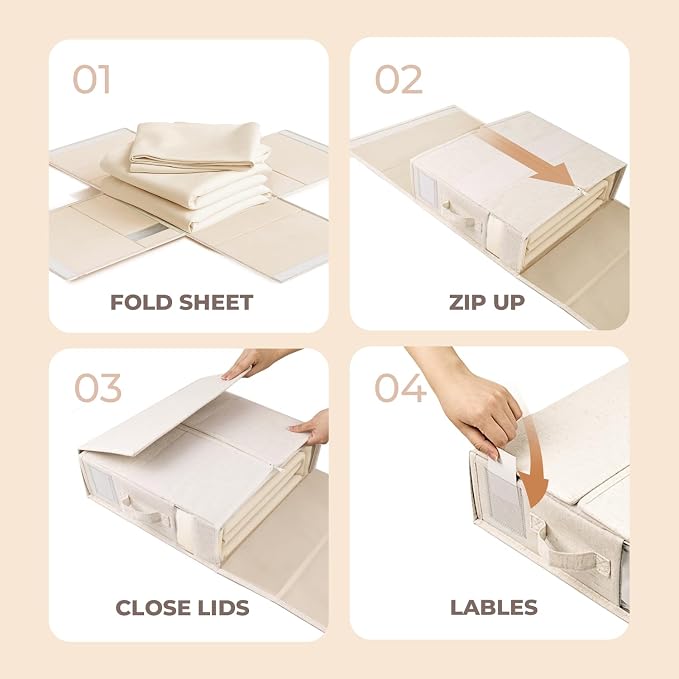 8Pack Linen Sheet Organizers for Linen Closet - King/Queen Size Bedding Storage Boxes with Clear Window | Foldable, Dustproof Sheet Storage Organizer for Blankets & Sheet Sets,Off-white - Image 7