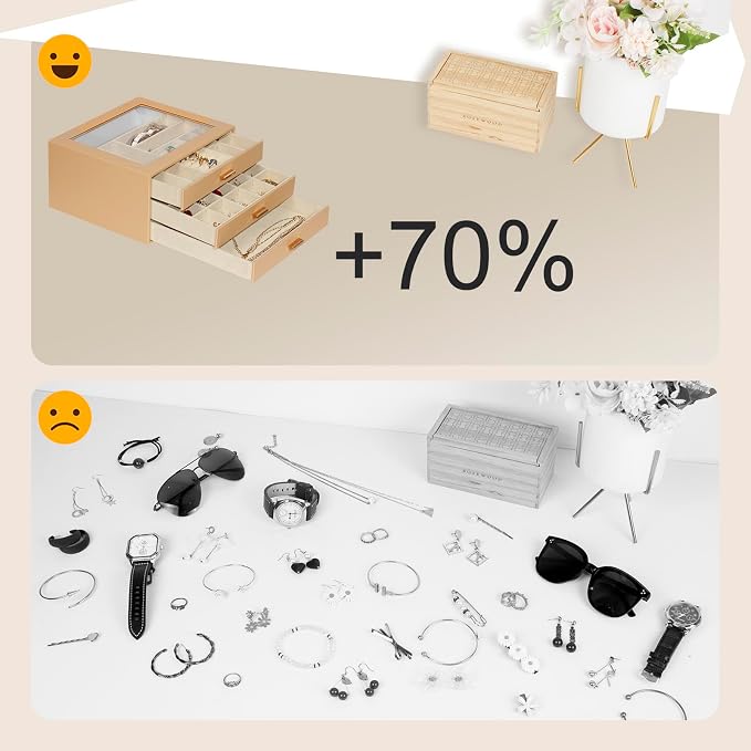 Jewelry Box with Glass Lid, 3-Layer Jewelry Organizer for Women Girls, PU Leather Display Case with 20-Grid Earring Tray & Movable Dividers for Necklaces Rings,Camel - Image 8