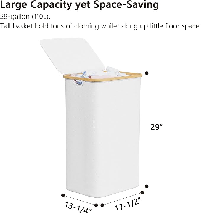 SUOCO Laundry Hamper with Lid, 29 Gal (110L) Clothes Basket with Bamboo Handles, Large Foldable Laundry Hamper for Bedroom, Bathroom, Dorm, Laundry Room - White - Image 5