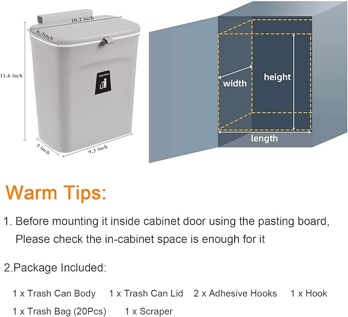 Tiyafuro 2.4 Gallon Kitchen Compost Bin for Counter Top or Under Sink, Hanging Small Trash Can with Lid for Cupboard/Bathroom/Bedroom/Office/Camping, Mountable Indoor Compost Bucket, Gray - Image 7