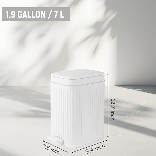 rejomiik Small Bathroom Trash Can with Lid Slim Soft Close Garbage Can Step Wastebasket Container Trash Bin for Office Bedroom Kitchen Living Room (1.9 Gallon White) - Image 7