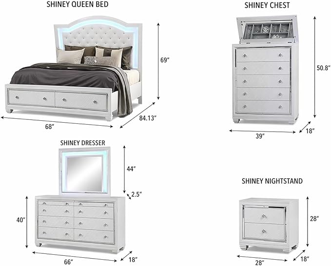 First of a Kind Shiney Contemporary 5 Piece Queen Bedroom Set High Gloss White Finish with Upholstered Headboard, Sleek Modern Bedroom Furniture Set for Coordinated Interiors