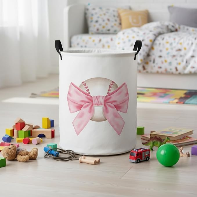 Baby Laundry Basket Baby Nursery Hamper Kids Laundry Basket Toy Storage Bin for Boys Room Decor Gift Baskets for Bedroom Bathroom(Bowknot Baseball) - Image 6