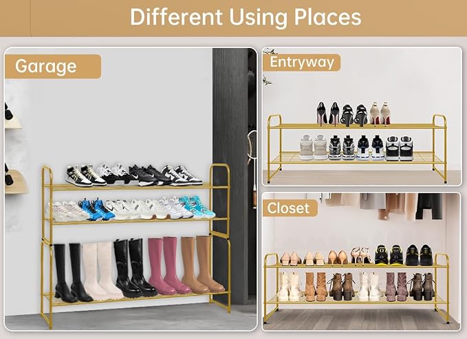 KEETDY 2-Tier Long Shoe Rack for Closet Metal Shoe Organizer for Entryway, Wide Stackable Shoe Storage Shelf with Sturdy Wire Grid for Closet Floor, Bedroom, Gold - Image 7