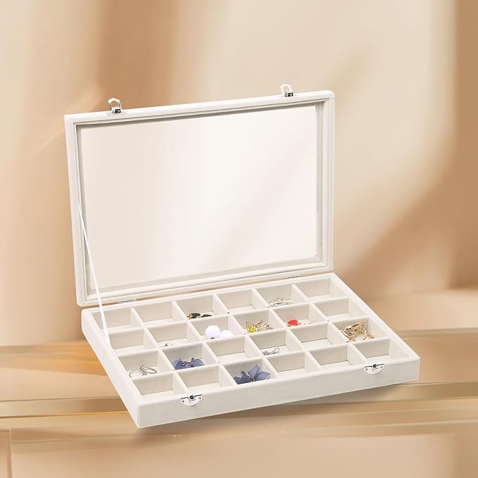 Stratalife Jewelry Organizer Jewelry Tray with See-through Lid 24 Grids Earring Display Showcase Large Velvet Storage Box for Earring Necklace Rings Dice Beige - Image 5