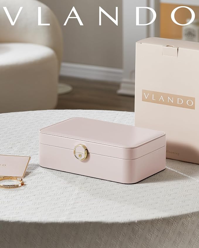 VLANDO 2 Layer Jewelry Box,Jewelry Organizer Storage Lockable Earring Organizer Removable Jewelry Tray with Watch Pillow for Neckable Ring Bracelets-Apricot Pink - Image 8