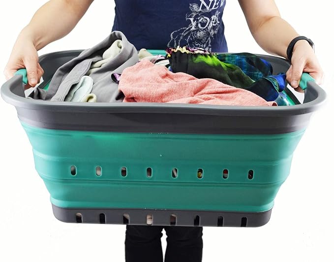 SAMMART 42L (11 gallon) Collapsible Plastic Laundry Basket - Foldable Pop Up Storage Container/Organizer - Space Saving Hamper/Basket (1, Grey/Turquoise Blue) - Image 8