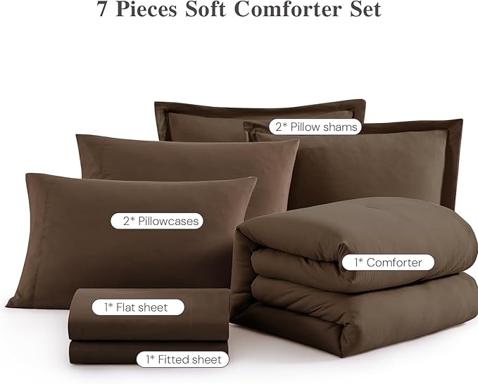 WRENSONGE Full Size Comforter Sets, 7 Pieces Chocolate Brown Bed in a Bag with Fitted Sheet, Flat Sheet, 2 Pillow Shams, 2 Pillowcases, Warm Bedding Sets for All Season