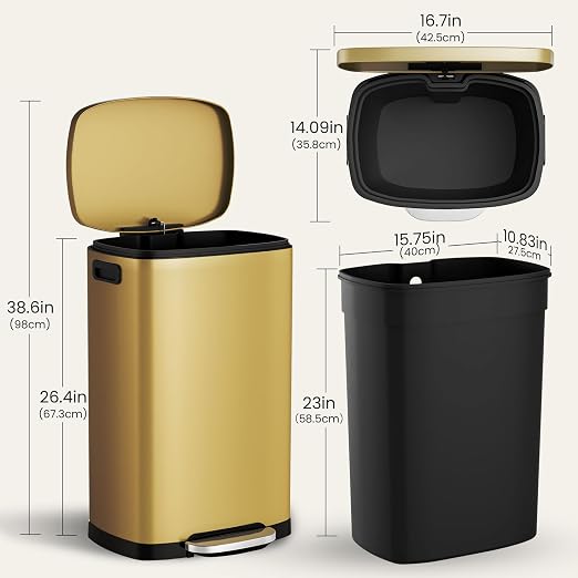 ELPHECO Kitchen Trash Can with Lid Soft Close, 13 Gallon / 50L Stainless Steel Pedal Garbage Can, Heavy-Duty Step Wastebasket with 20 Bags, Removable Bucket, Home Office, Kitchen, Titanium Gold - Image 9
