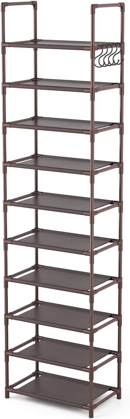 LANTEFUL 10 Tiers Tall Shoe Rack 20-25 Pairs Boots Organizer Storage Sturdy Narrow Shoe Shelf for Entryway, Closets with Hooks, Brown - Image 8