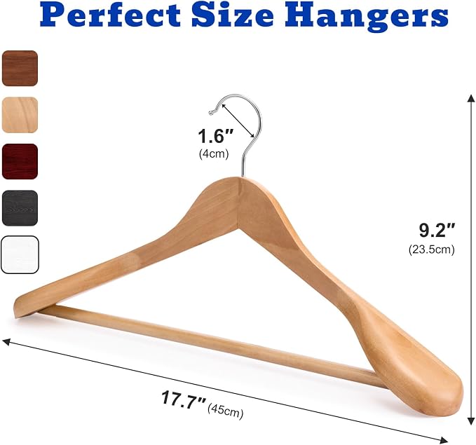 HOUSE DAY Wood Suit Hangers for Men, Smooth Wide Shoulder Wooden Hanger with Non Slip Pant Holder, Wide Hangers for Suits, Coats, Jackets, Heavy Wide Clothes Hanger 2 Pack, Natural - Image 9