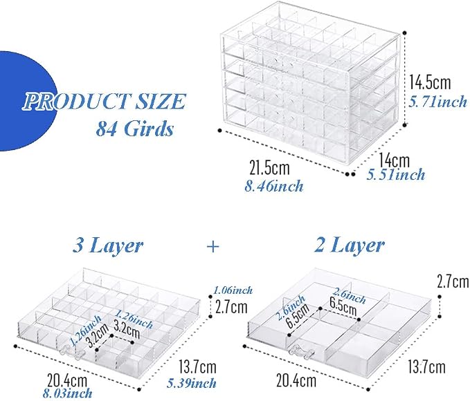 YUFONG Jewelry Boxes Earring Storage Box Organizer 5 Drawers Jewelry Organizer Acrylic Jewelry Storage Box Holder Compartment Transparent Display Storage Case Gift for Women Girls (84 Girds) - Image 7