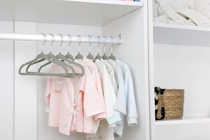 ManGotree 11" Baby Velvet Hangers, Non-Slip Infant Coat Hangers, Ultra-Thin Toddler Felt Hanger with 360° Swivel Hook, Space Saving Children's Hanger for Kids Clothes, 48 Pack (Grey) - Image 7