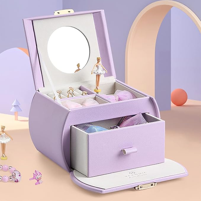 Vlando Musical Jewelry Box with Spinning Ballerina, Lockable Girls’ Jewelry Organizer for Necklaces Rings and Hair Accessories, Gift for Girls and Kids, Purple - Image 7