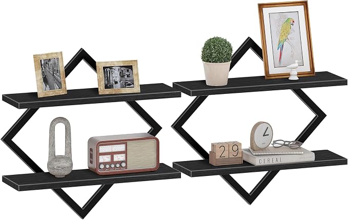 CHOEZON Floating Shelves, Set of 2 Wall Shelves, 2-Tier Hanging Shelves, Wall Shelf Set of 2, Wall Mounted Shelves, for Living Room, Bedroom, Kitchen, Office, Study, Black TBJ01P2BB - Image 9