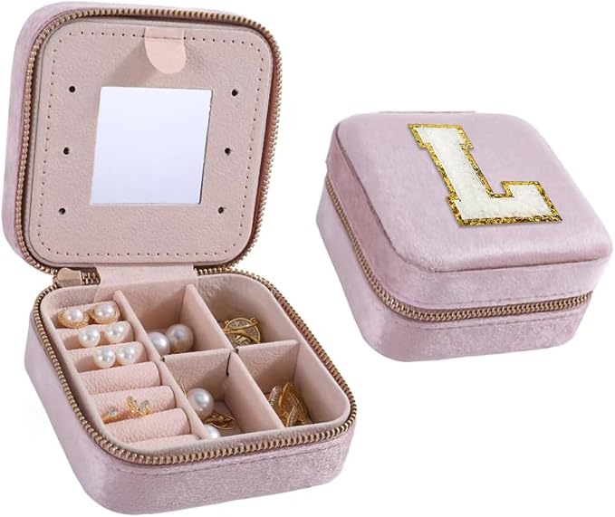 Personalized Velvet Travel Jewelry Case Jewelries Box for Women Ring Necklace Earring Holder Organizer Box with Mirror for Girls Birthday Gifts for Mom Initial (Pink, L) by HKDSGF