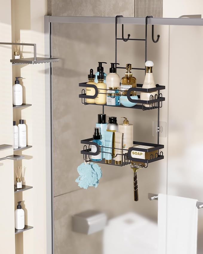 HapiRm Hanging Shower Caddy Over the Door with 14 Hooks and Soap Holder, No Drilling Adhesive Shower Storage, Rustproof & Waterproof Stainless Steel Bathroom Shelves - Black - Image 7