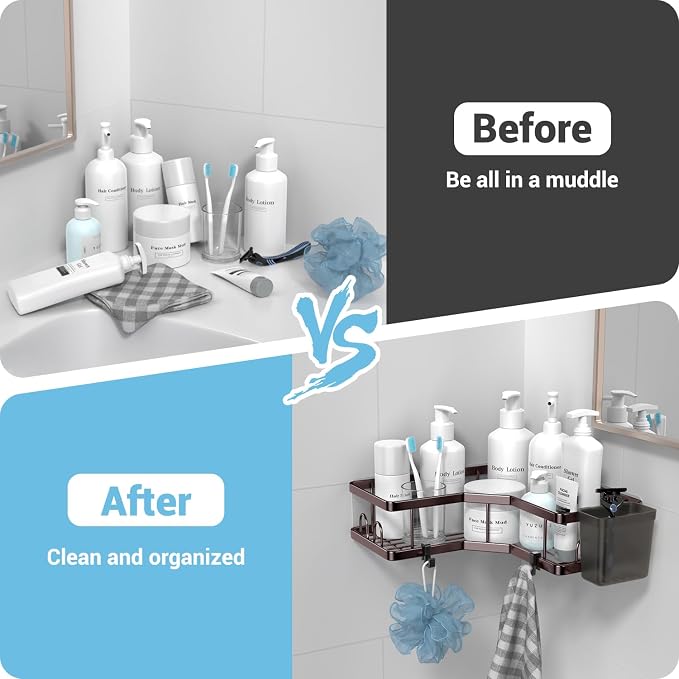 AKTECKE Shower Caddy Corner Organizer: 2Pack Adhesive Shower Shelf Essentials - No Drilling Stainless Steel Bathroom Storage Rack with Hooks and Toothpaste Holder - Shower Accessories - Image 6