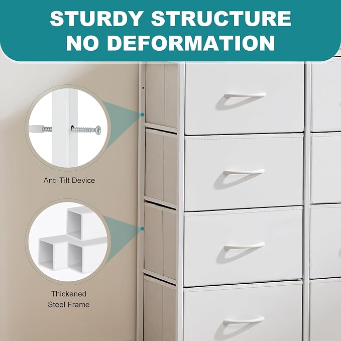 OLIXIS 8 Drawer Storage Dresser with Wood Top - Wide Fabric Chest Organizer for Bedroom, Closet, Living Room,Tower Cabinet, TV Stand, Hallway Entryway Furniture,White - Image 7