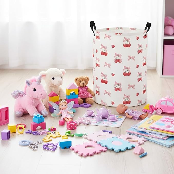 Baby Laundry Basket Baby Nursery Hamper Kids Laundry Basket Toy Storage Bin for Boys Room Decor Gift Baskets for Bedroom Bathroom(Cherry) - Image 6