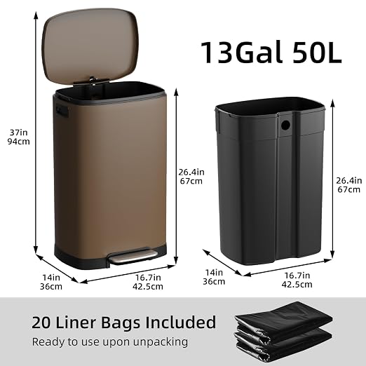 KUK 13 Gallon Kitchen Trash Can with Lid, 50L/13Gal Office Step Garbage Can for Home, Kitchen, Laundry Room, Office, Brushed Stainless Steel, Brown - Image 7