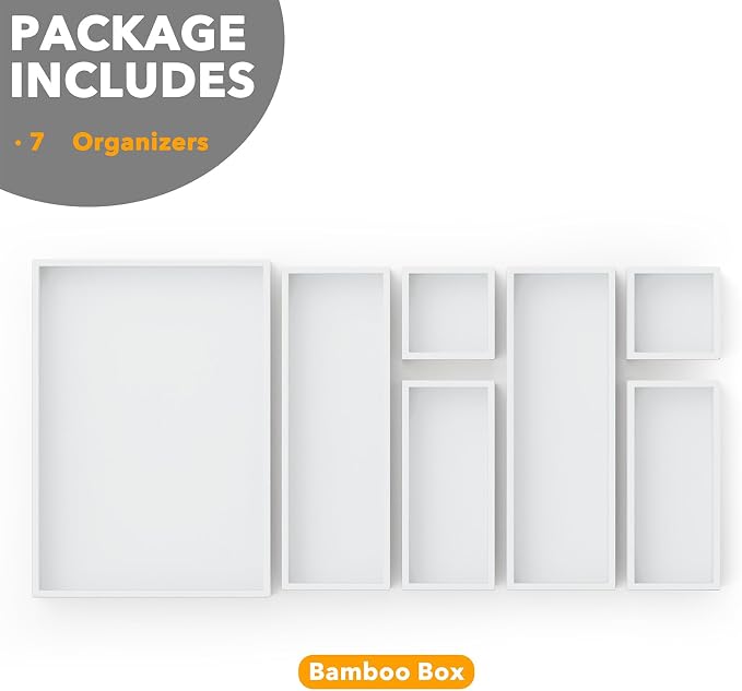 SpaceAid 7-Piece Bamboo Drawer Organizer Storage Boxes Set, Wood Tray Junk Drawer Organizers Multi-Use Divider Bins for Kitchen, Bathroom, Office Desk and Makeup Organization (7 Pack, White) - Image 6