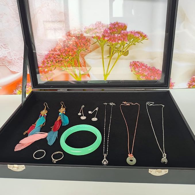Wooden Jewelry Organizer Tray Box with Clear Lid, Travel Rectangle Organization Storage Box with Metal Clasp, Velvet Blank Jewelry Display Case for Necklaces Bracelets Rings Accessories (Black) - Image 6
