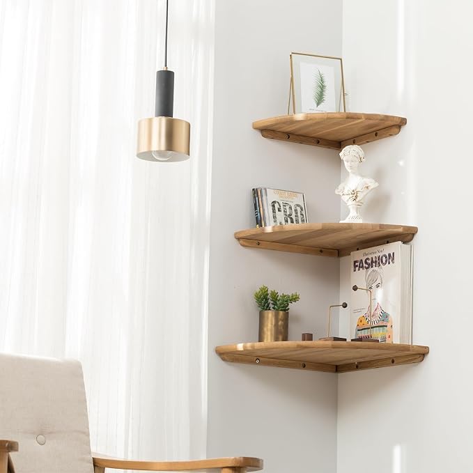 Corner Shelf, 7inch Solid Oak Wood Floating Corner Shelf Wall Mount Round End Floating Speaker Shelves with Wire Hole for Small Plant Photo Frame for Bedroom Kitchen, Living Room | Wire Hole, Small Plant, Photo Frame, Bedroom, Kitchen, Living Room - Image 9