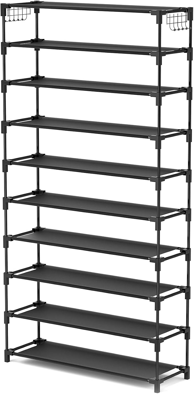 LANTEFUL 10 Tiers Shoe Rack 50 Pairs Large Capacity Tall Shoe Organizer Sturdy Shoe Storage with Two Hooks Space Saving Metal Wide Shoe Rack for Closet, Entryway, Bedroom, Black - Image 8