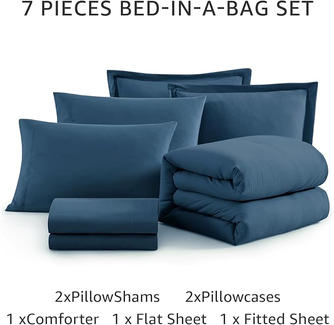 WRENSONGE King Size Comforter Sets- 7 Pieces Soft Serenity Blue Bed in a Bag King with Fitted Sheet, Flat Sheet, 2 Pillow Shams, and 2 Pillowcases-Warm King Bedding Set for All Season