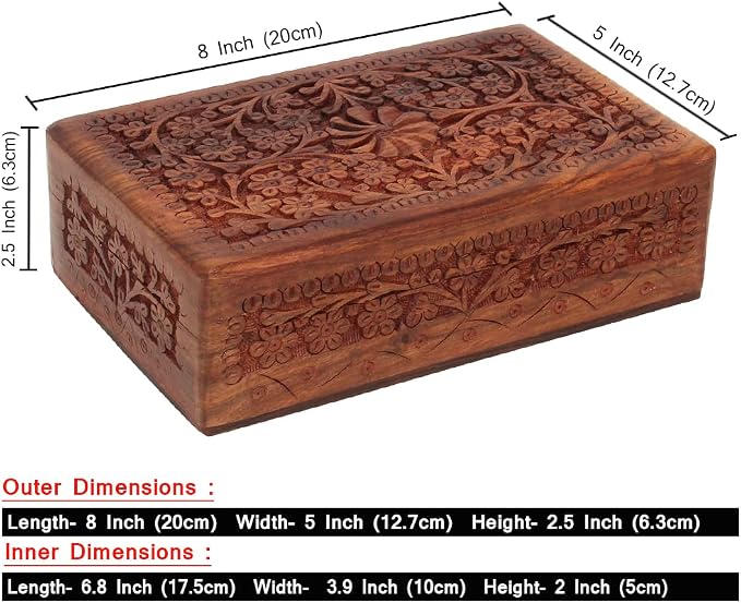 Ajuny Wooden Handcarved Decorative Jewelry Storage Box Flower Design Multipurpose Treasure Chest Keepsake Organizer Necklaces Watch Boxes Great for Gifts 8x5 Inch - Image 8