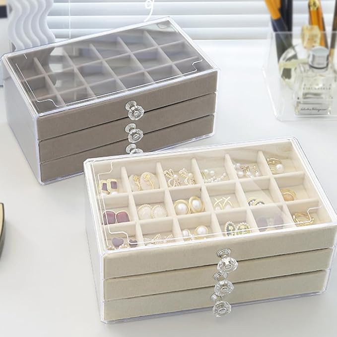 SPAKOWN Earring Box Holder Organizer Display Case, Clear Velvet Jewelry Storage Tray Organizer for Earring Ring Stud (Beige - 3 Drawers) - Image 7