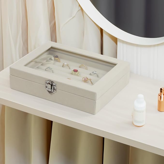 Fordonral Velvet Jewelry Organizer Box, Jewelry Drawer Organizers Trays, Earring Ring Necklace Holder Display Case (Beige, Ring Box) - Image 8