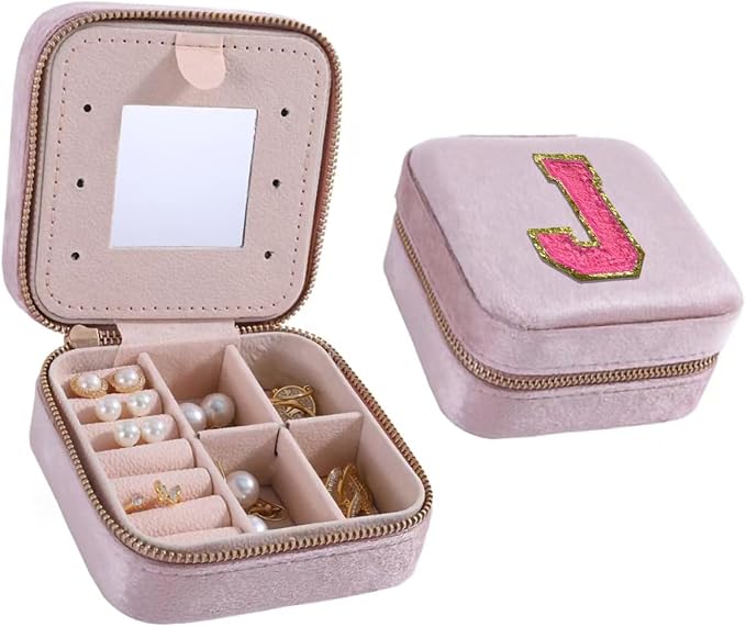 Personalized Velvet Travel Jewelries Case Jewelry Box for Women Ring Necklace Earring Holder Organizer Box with Mirror for Girls Jewelrys Birthday Gifts for Mom Initial (Pink, Red-J) by HKDSGF