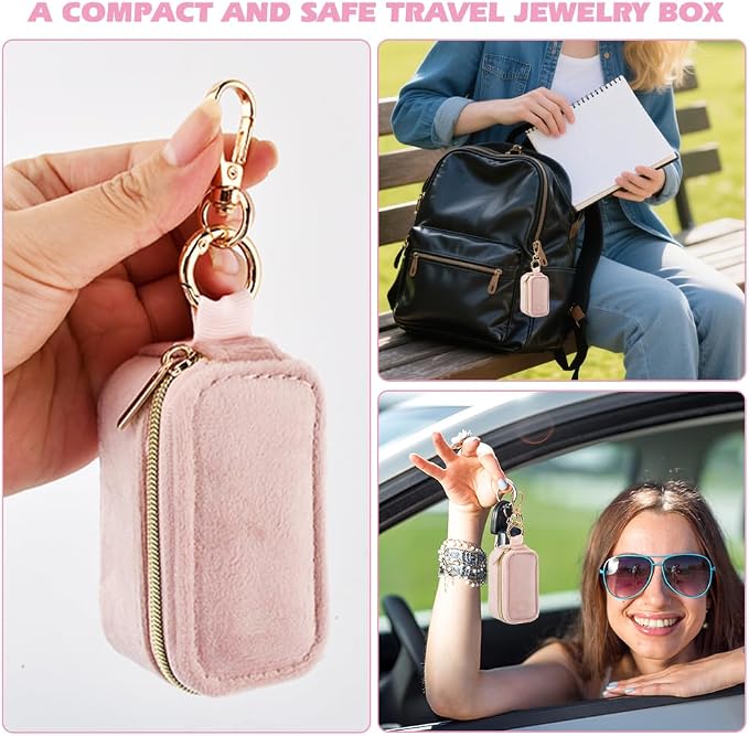 Velvet Mini Travel Jewelry Case, 2 in 1 Ring Holder Keychain + 50 Plastic Earrings, Portable Small Jewelry Organizer for Women, Travel/Gym/Wedding/Bridesmaid Gift - Image 9