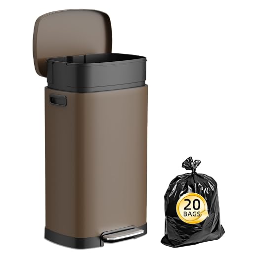 KdbK 13 Gallon Trash Can with Lid, 50L Fingerprint Proof Stainless Steel Kitchen Trash Can with Removable Inner Bucket and Lid Soft Close, Pedal Rubbish Bin for Home Office, Brown - Image 6