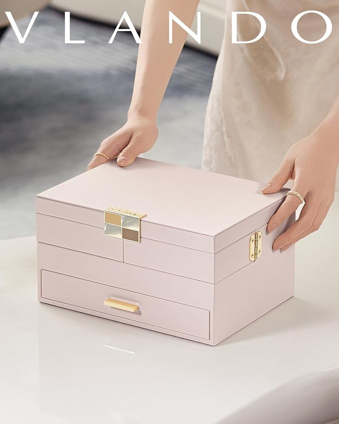 VLANDO 3 Layer Jewelry Box - Women Jewelry Box with Retractable Tray - Jewelry Organizers with Drawer for Necklaces, Rings, Bracelets, Earrings, Gift for Couples Mom Girls - Pink - Image 7
